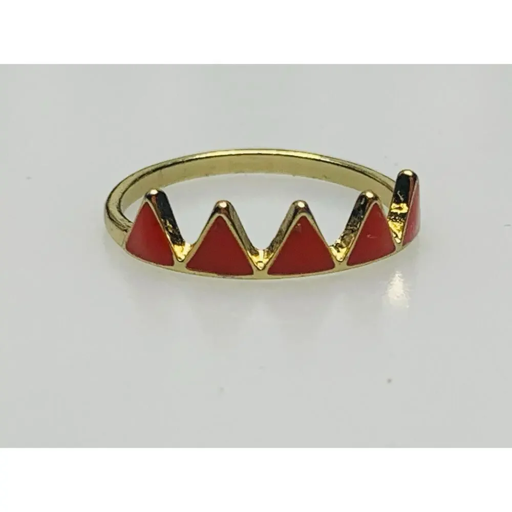 Set of 2 Gold Tone Rings with Orange Painted Design, Size 9